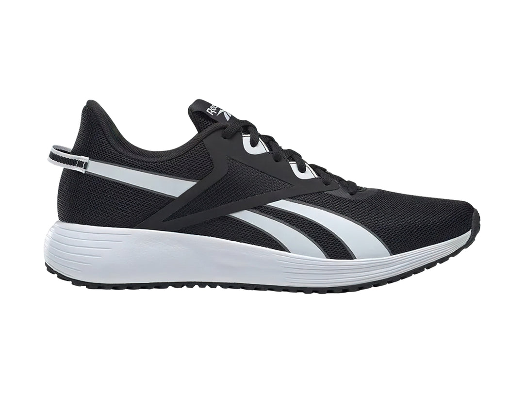 Tenis deportivos Reebok en color negro con suela y franjas laterales blancas.