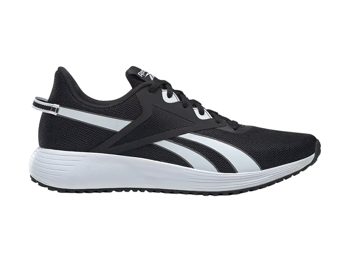 Tenis deportivos Reebok en color negro con suela y franjas laterales blancas.