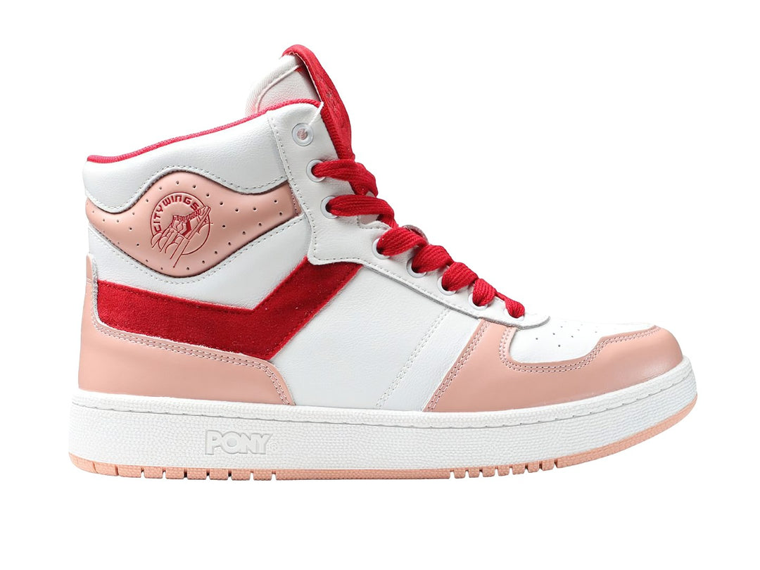 Tenis PONY City Wings de bota alta en colores blanco, rojo y rosa con agujetas rojas.
