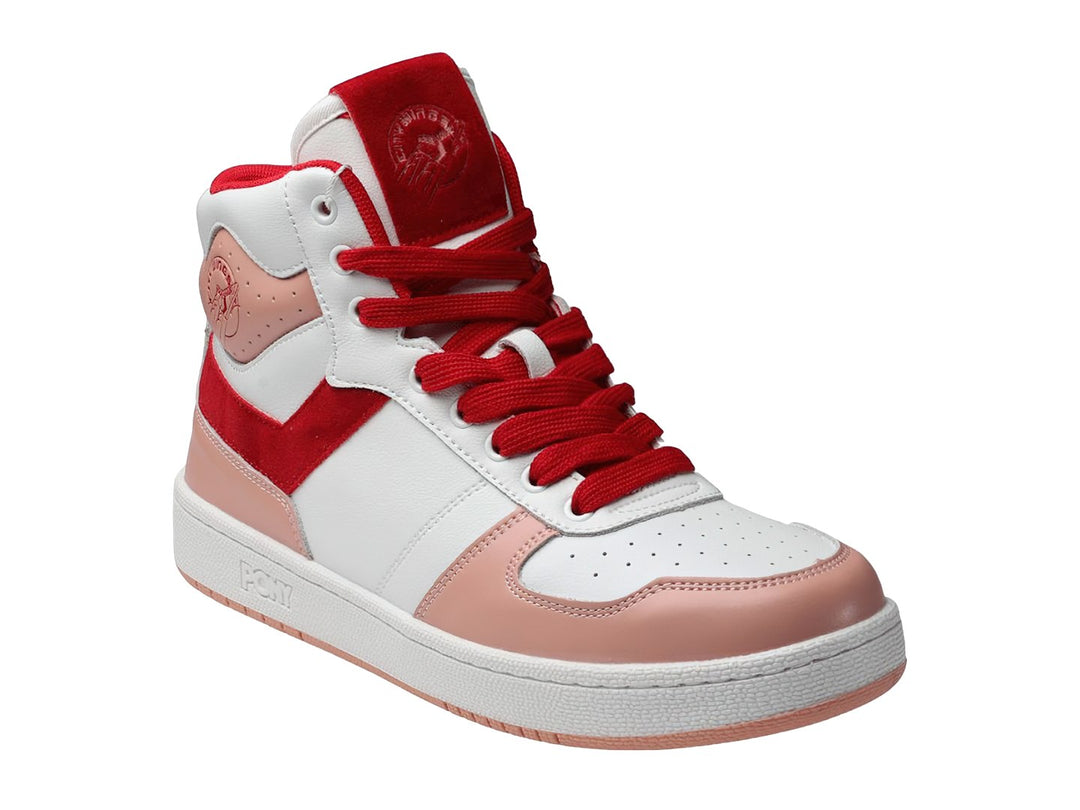 Tenis PONY City Wings de bota alta en colores blanco, rojo y rosa con agujetas rojas.