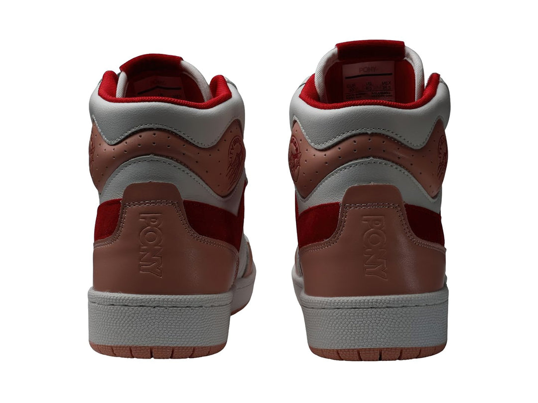 Tenis PONY City Wings de bota alta en colores blanco, rojo y rosa con agujetas rojas.