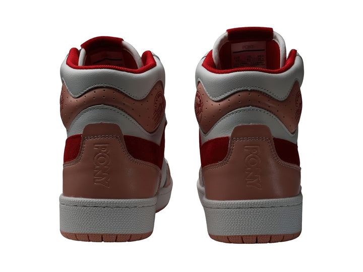 Tenis PONY City Wings de bota alta en colores blanco, rojo y rosa con agujetas rojas.