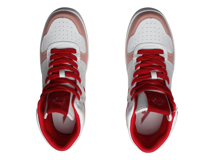 Tenis PONY City Wings de bota alta en colores blanco, rojo y rosa con agujetas rojas.