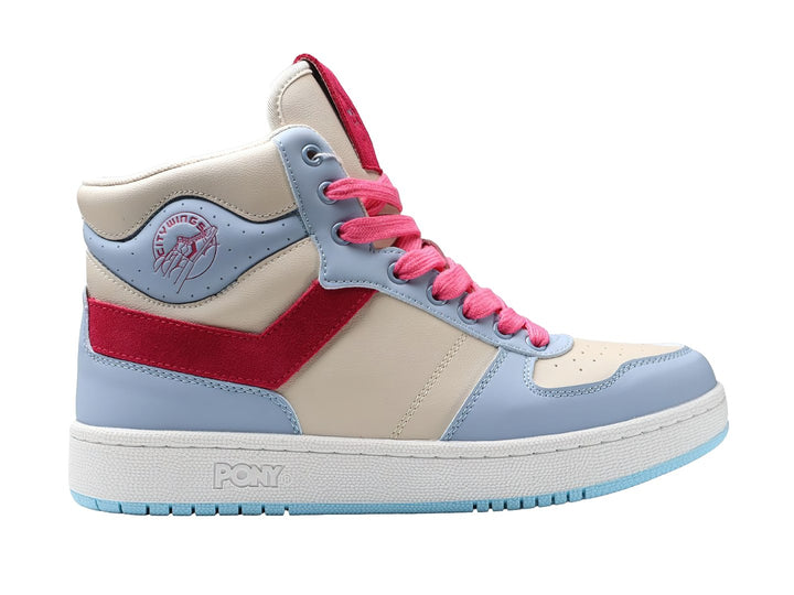 Tenis PONY City Wings Hi de cuero en colores azul claro, beige y rojo con suela blanca.