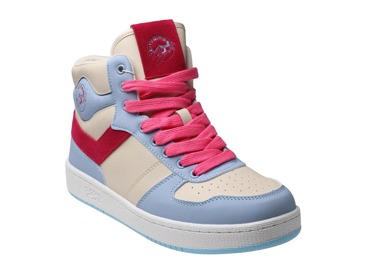 Tenis PONY City Wings Hi de cuero en colores azul claro, beige y rojo con suela blanca.