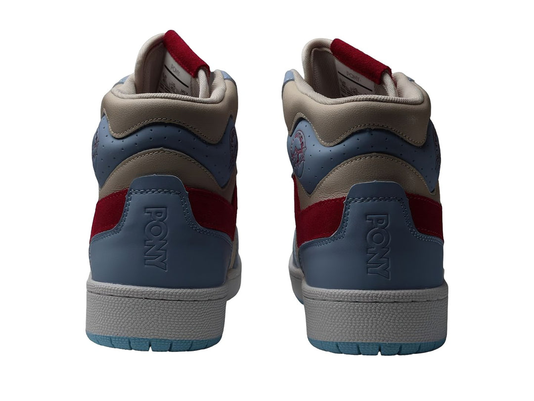 Tenis PONY City Wings Hi de cuero en colores azul claro, beige y rojo con suela blanca.