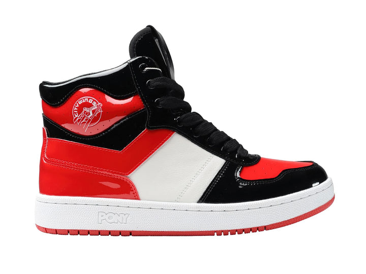 Tenis PONY City Wings Hi en colores rojo, negro y blanco con acabado brillante tipo charol.