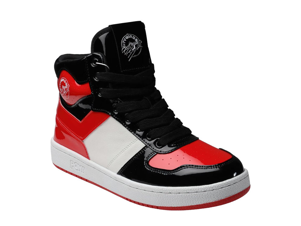 Tenis PONY City Wings Hi en colores rojo, negro y blanco con acabado brillante tipo charol.