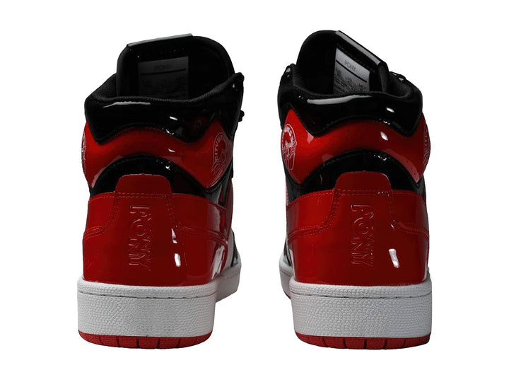 Tenis PONY City Wings Hi en colores rojo, negro y blanco con acabado brillante tipo charol.