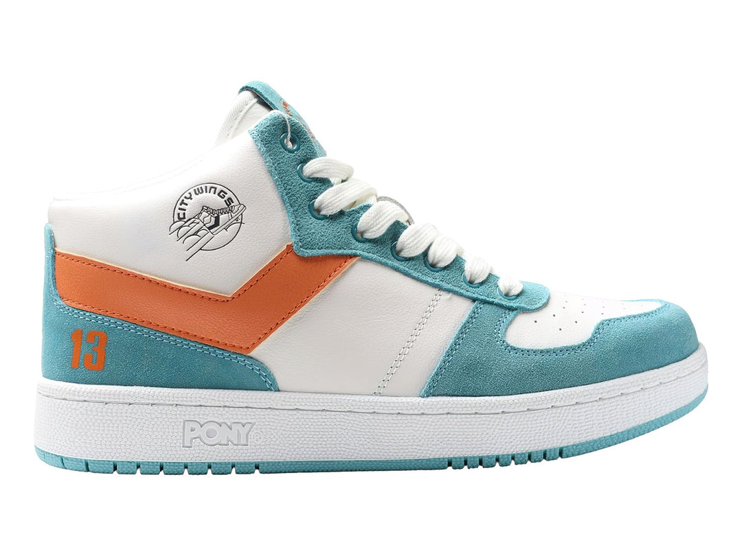 Tenis PONY City Wings Mid en colores blanco, teal y naranja con suela blanca.