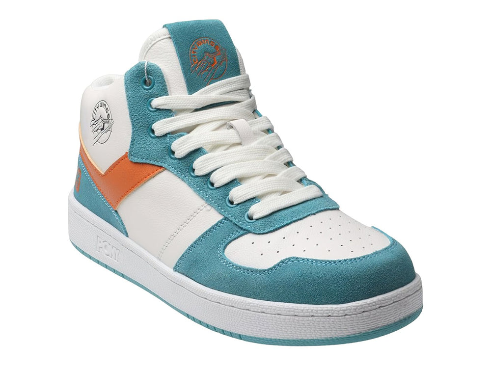 Tenis PONY City Wings Mid en colores blanco, teal y naranja con suela blanca.