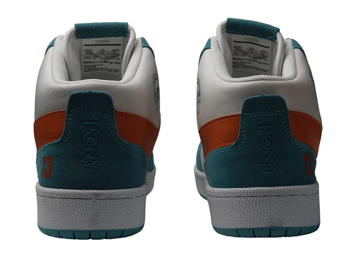 Tenis PONY City Wings Mid en colores blanco, teal y naranja con suela blanca.