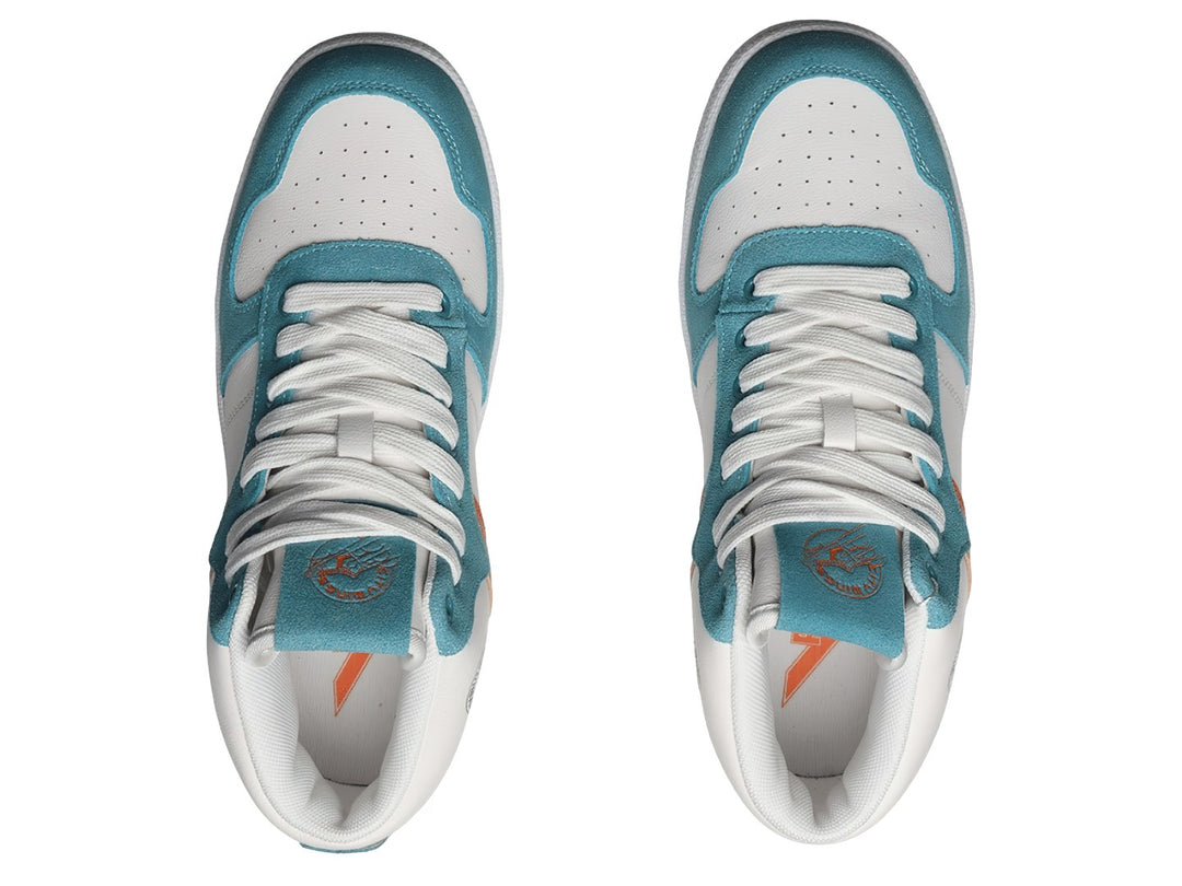 Tenis PONY City Wings Mid en colores blanco, teal y naranja con suela blanca.