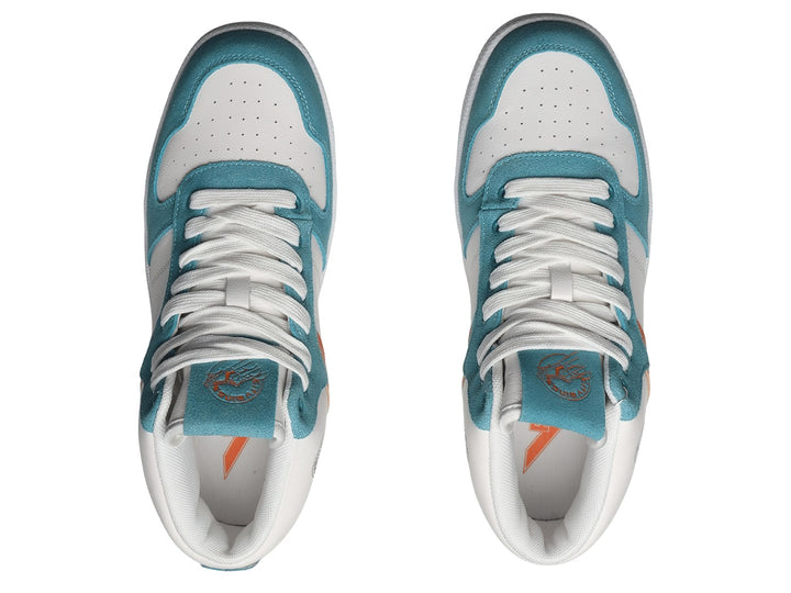 Tenis PONY City Wings Mid en colores blanco, teal y naranja con suela blanca.