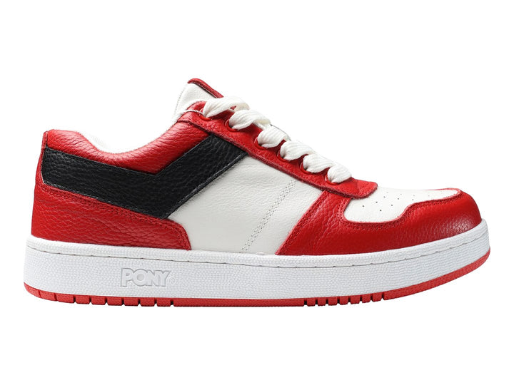 Tenis PONY City Wings en colores rojo, blanco y negro con suela blanca y cordones blancos.