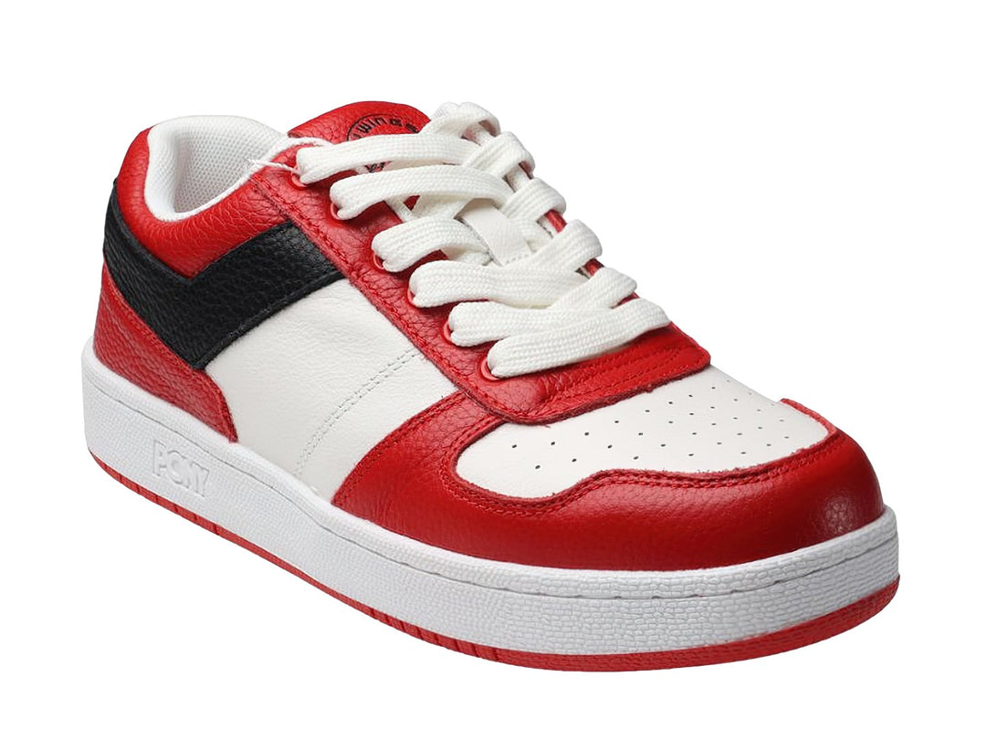 Tenis PONY City Wings en colores rojo, blanco y negro con suela blanca y cordones blancos.