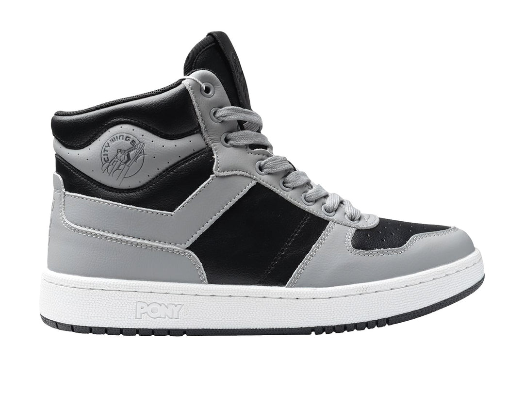 Tenis PONY City Wings Hi en colores gris y negro con suela blanca, estilo bota alta.