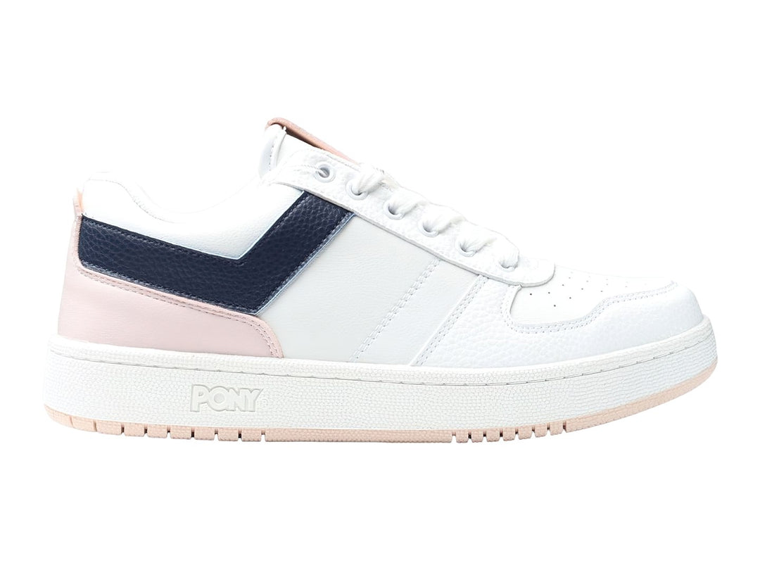 Tenis PONY blancos con franja azul marino y detalle rosa en el talón.