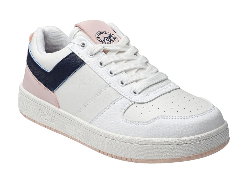 Tenis PONY blancos con franja azul marino y detalle rosa en el talón.