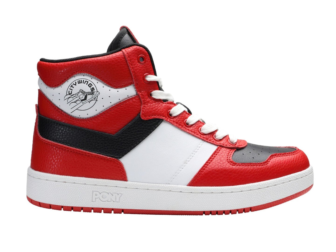 Tenis PONY City Wings HI en colores rojo, blanco y negro, diseño de bota deportiva.