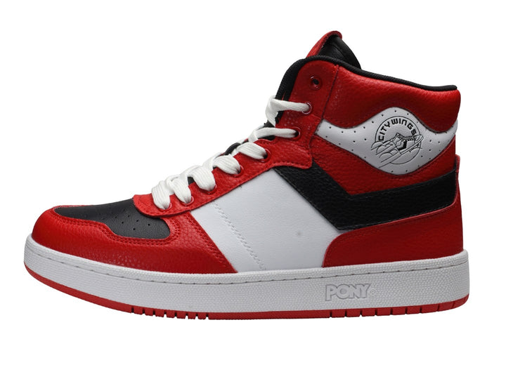 Tenis PONY City Wings HI en colores rojo, blanco y negro, diseño de bota deportiva.