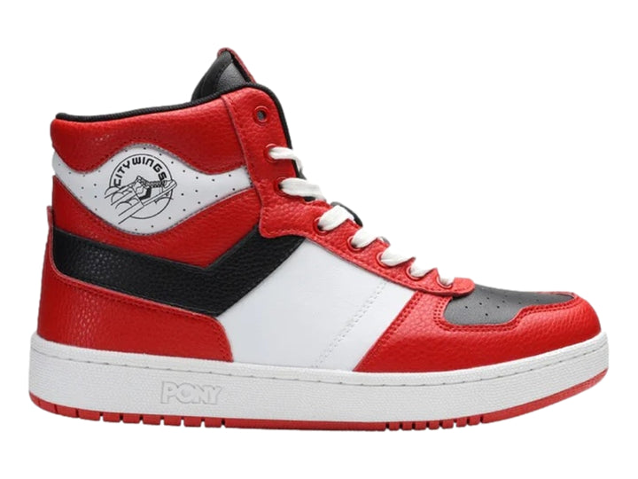 Tenis PONY City Wings Hi en colores rojo, blanco y negro, diseño de bota con cordones blancos.