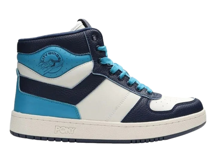 Tenis PONY City Wings HI en colores azul marino, blanco y azul claro, diseño de corte alto.