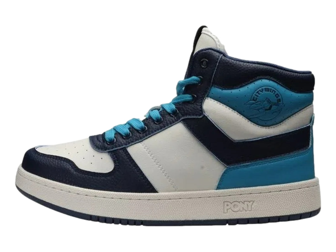 Tenis PONY City Wings HI en colores azul marino, blanco y azul claro, diseño de corte alto.