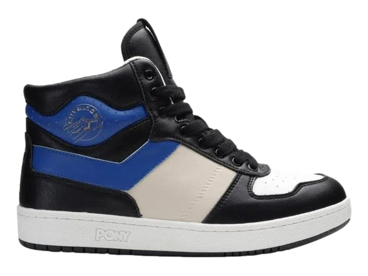 Tenis PONY City Wings Hi Super Sonic de bota alta en colores negro, azul y beige con suela blanca.