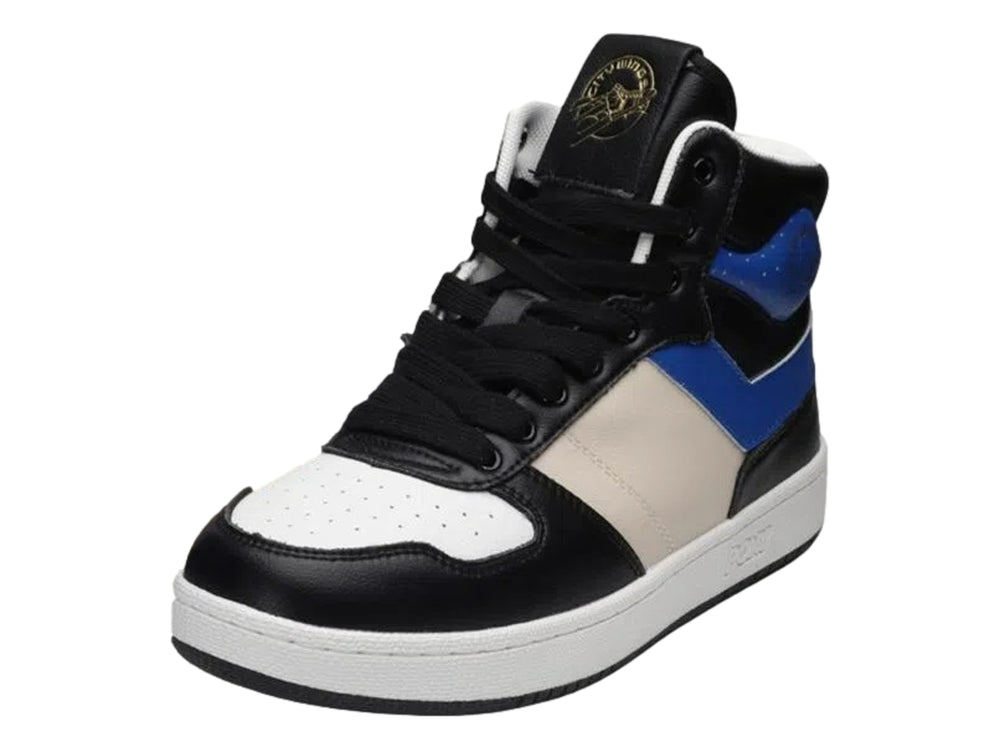 Tenis PONY City Wings Hi Super Sonic de bota alta en colores negro, azul y beige con suela blanca.