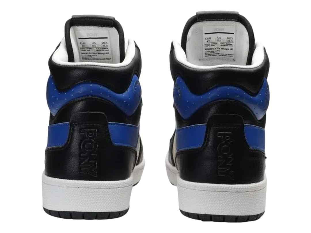 Tenis PONY City Wings Hi Super Sonic de bota alta en colores negro, azul y beige con suela blanca.