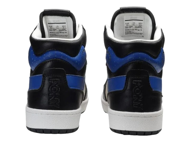 Tenis PONY City Wings Hi Super Sonic de bota alta en colores negro, azul y beige con suela blanca.