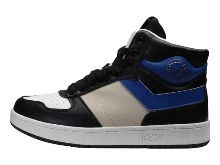 Tenis PONY City Wings Hi Super Sonic de bota alta en colores negro, azul y beige con suela blanca.