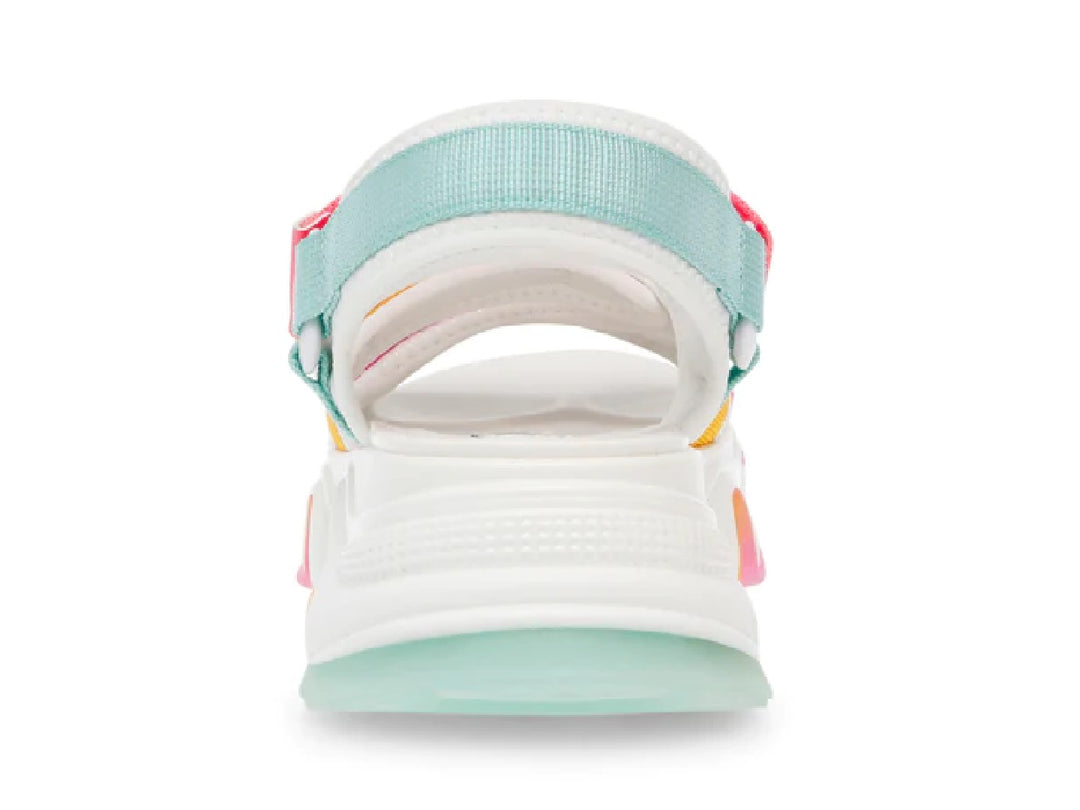Sandalias Steve Madden blancas con correas multicolores en rosa, amarillo y azul con suela de plataforma gruesa.