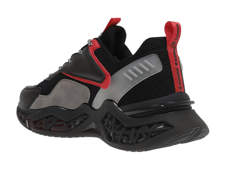 Tenis deportivos K-Swiss color negro con acentos en rojo y gris y suela robusta.