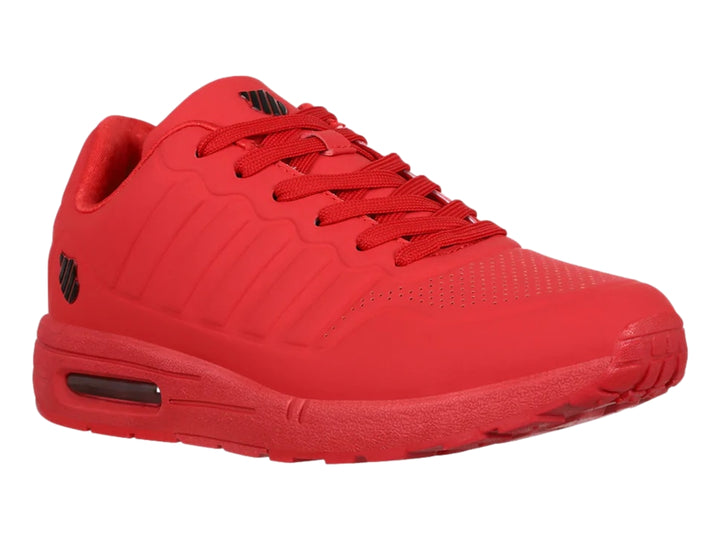 Tenis deportivos K-Swiss de color rojo con suela amortiguada y detalles en negro.