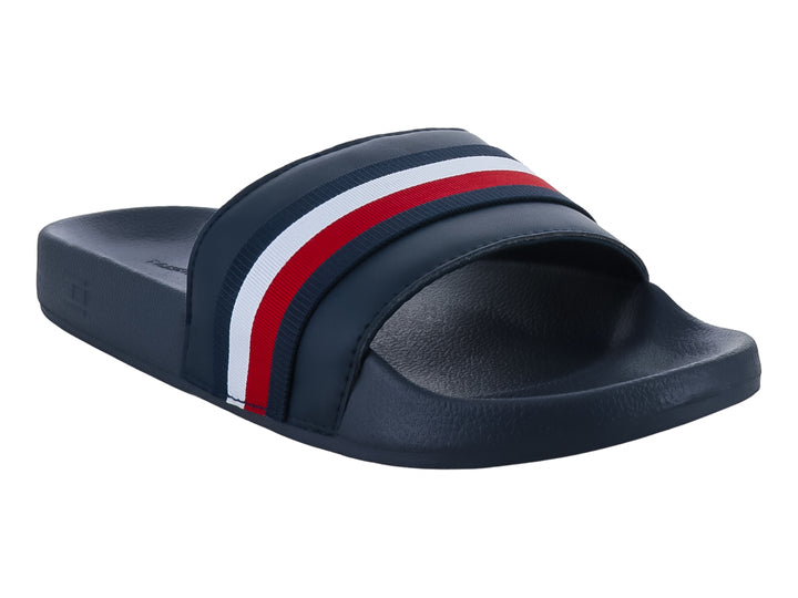 Sandalias Tommy Hilfiger azul marino con franjas blancas y rojas en la correa superior.