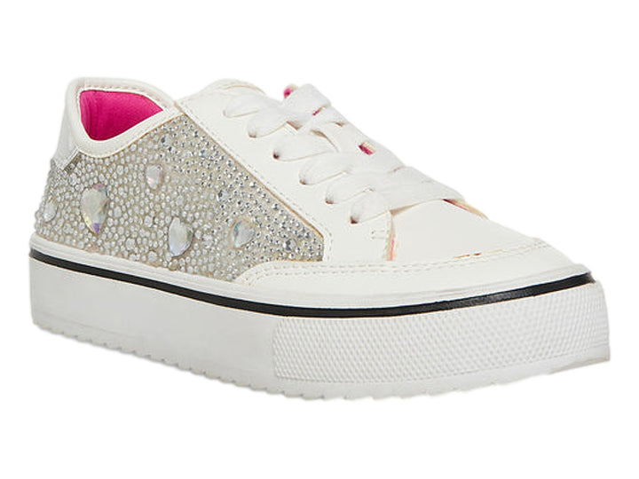 Tenis blancos para niña con incrustaciones brillantes plateadas y forro interior rosa.