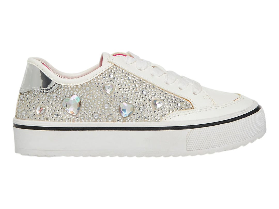 Tenis blancos para niña con incrustaciones brillantes plateadas y forro interior rosa.