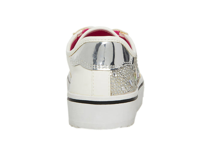 Tenis blancos para niña con incrustaciones brillantes plateadas y forro interior rosa.