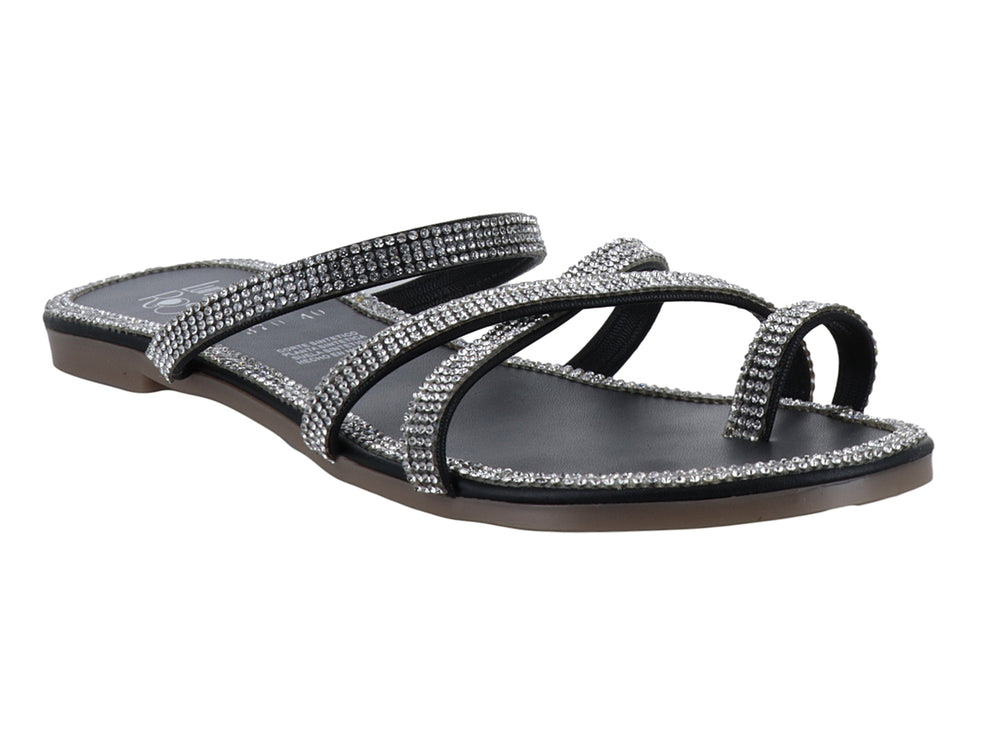Sandalia plana color negro con tiras decoradas con piedras brillantes color plata.