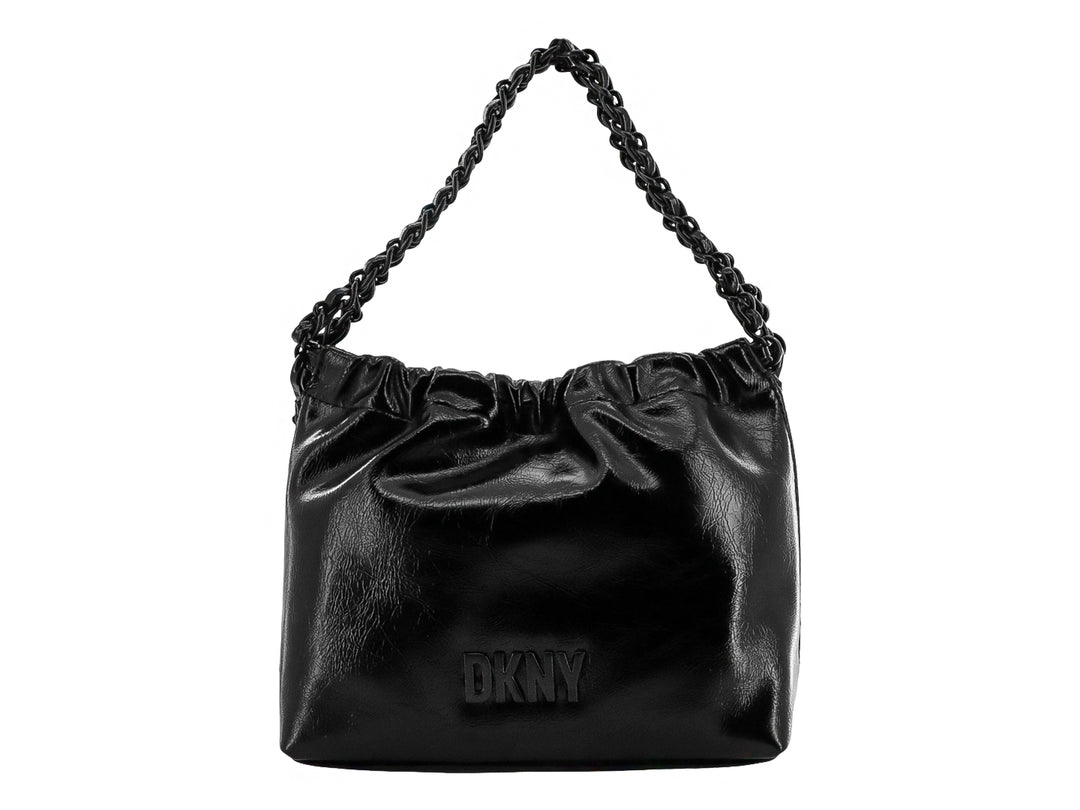 Bolsa de hombro DKNY color negro brillante con asa de cadena y diseño fruncido en la parte superior.