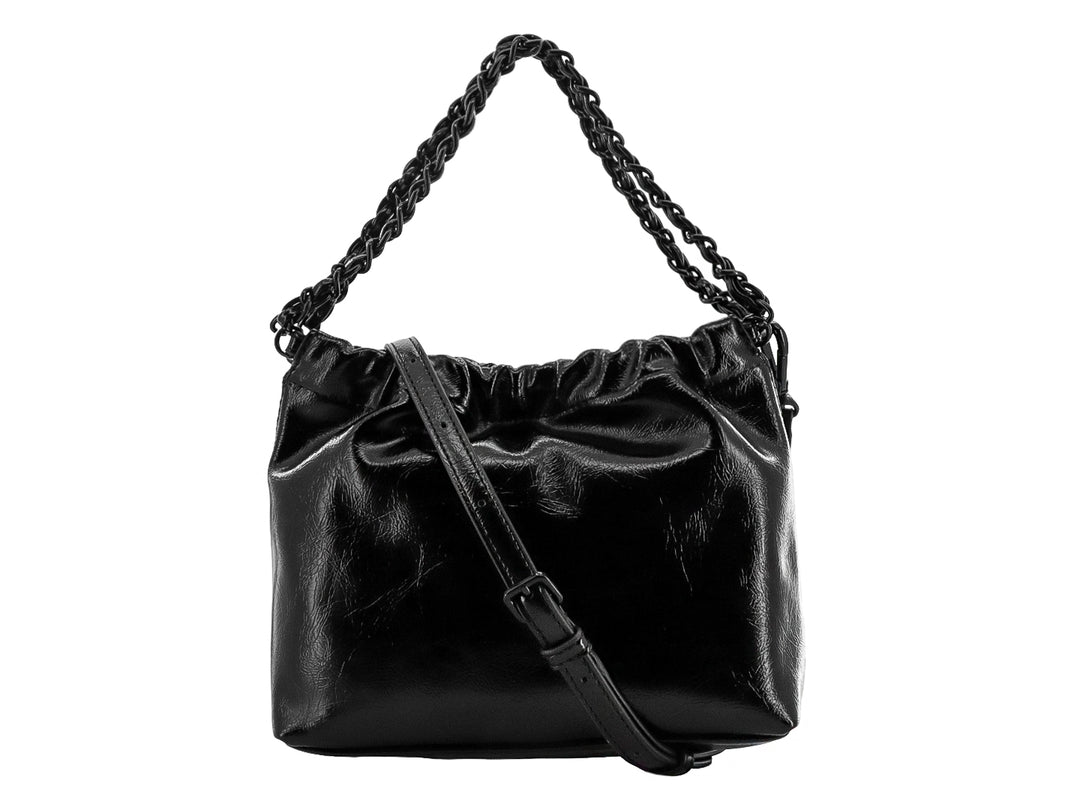 Bolsa de hombro DKNY color negro brillante con asa de cadena y diseño fruncido en la parte superior.