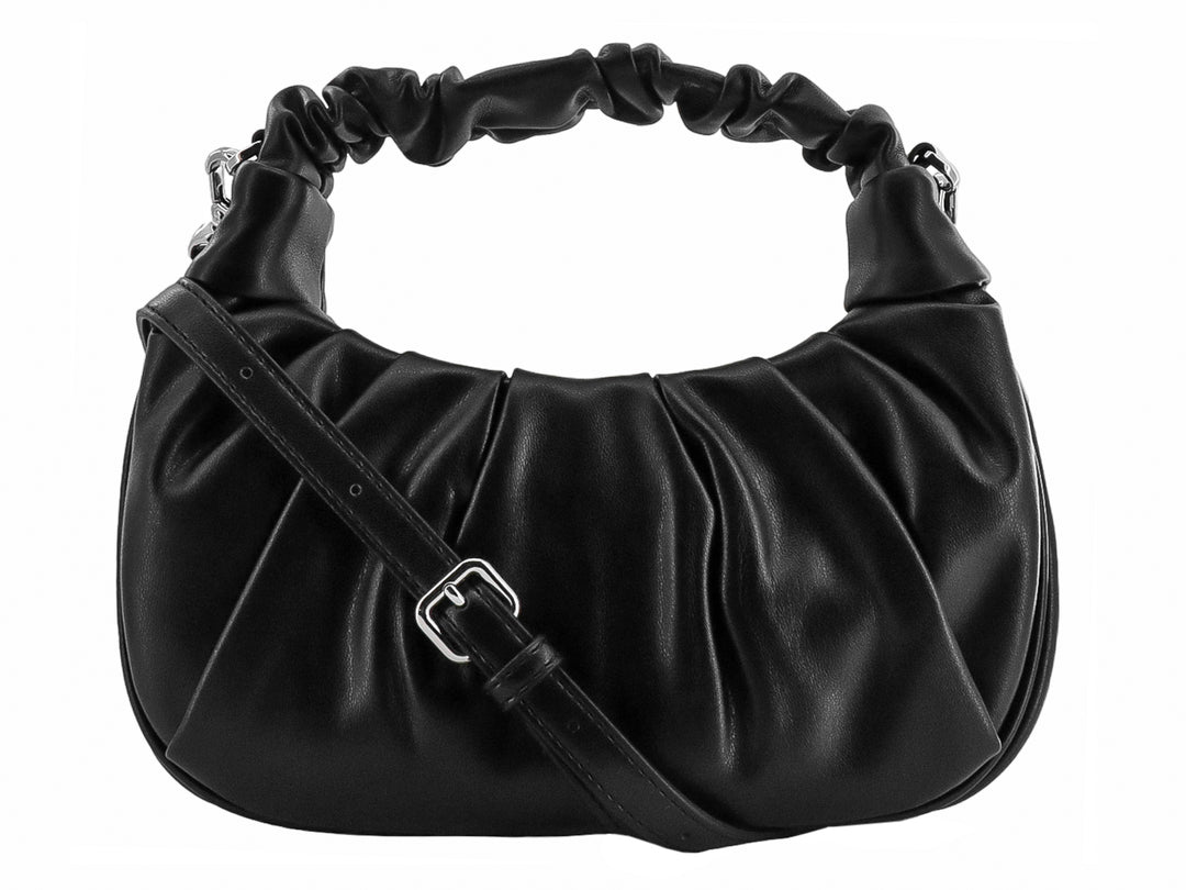 Bolso hobo negro de DKNY con diseño plisado y asa superior fruncida.