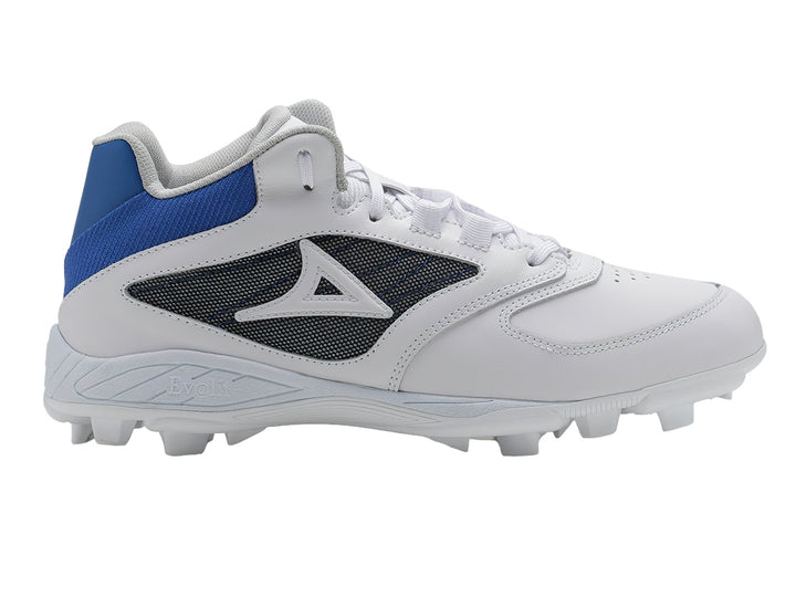 Zapato de beisbol Pirma color blanco con detalles en azul y gris y suela de tacos.