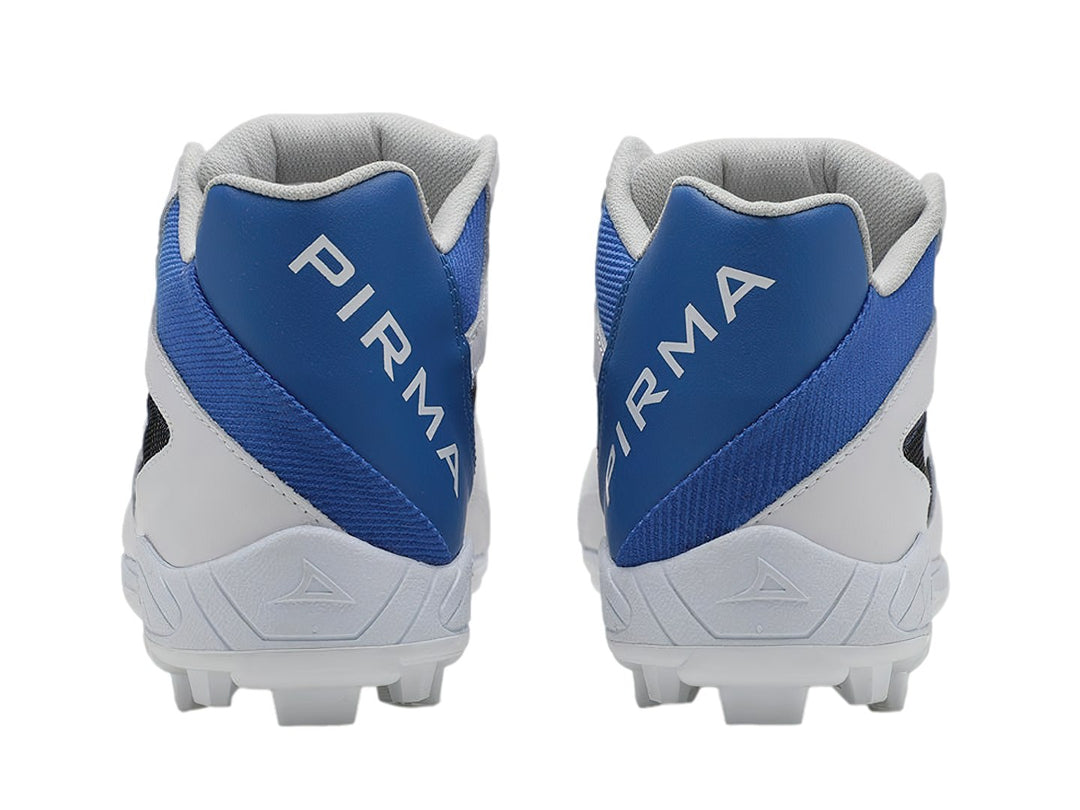 Zapato de beisbol Pirma color blanco con detalles en azul y gris y suela de tacos.