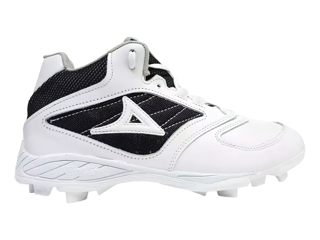 Zapato de béisbol marca Pirma en colores blanco y negro con suela de tacos.