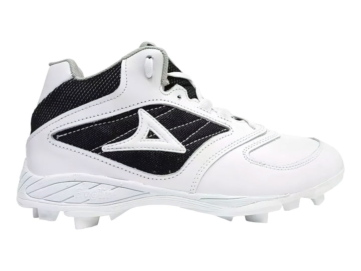 Zapato de béisbol marca Pirma en colores blanco y negro con suela de tacos.