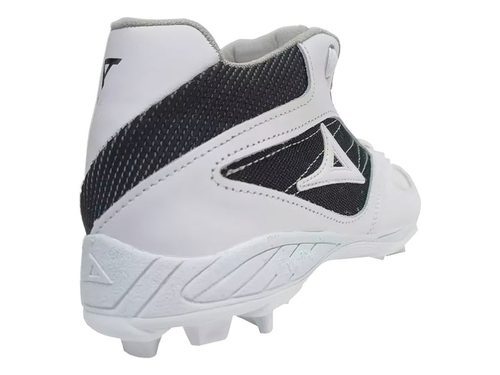 Zapato de béisbol marca Pirma en colores blanco y negro con suela de tacos.