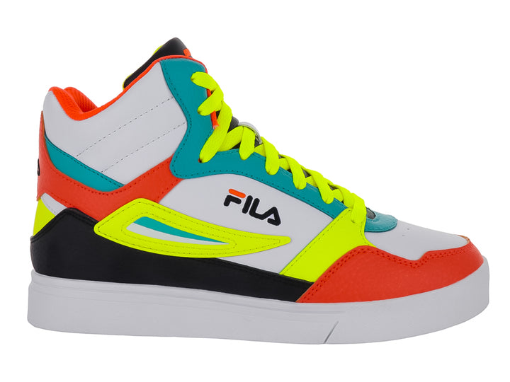 Tenis FILA de corte alto en colores blanco, naranja, amarillo neón y turquesa con suela blanca.